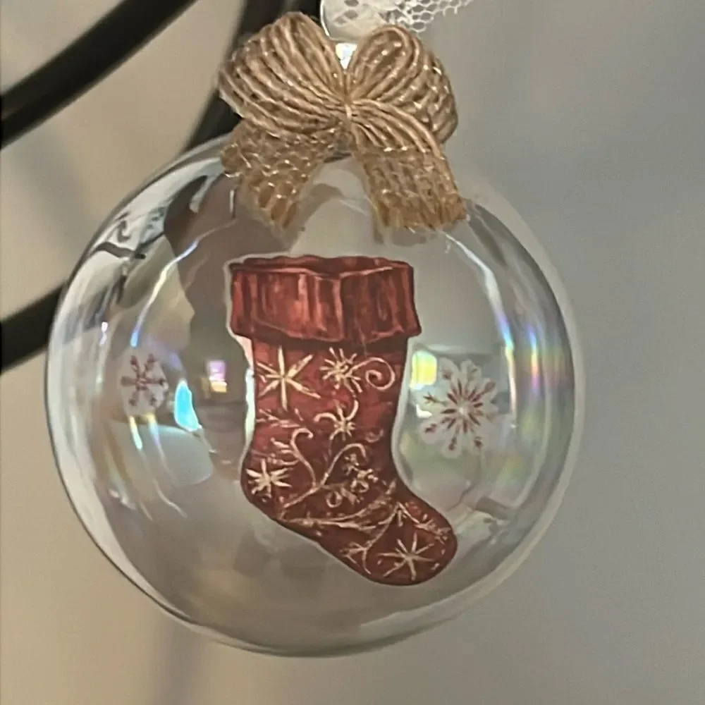 Upcycled Clear Glass Ornaments 3 Different Christmas Balls stocking, sleigh, hut