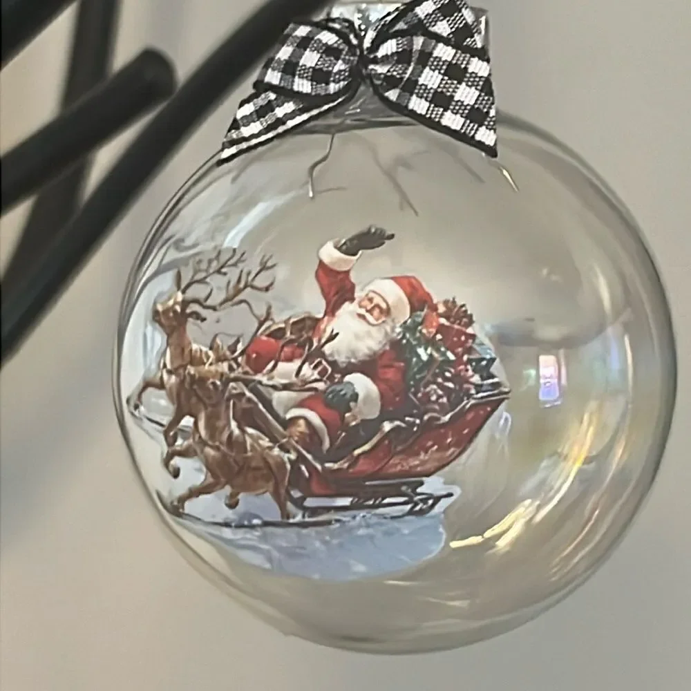 Upcycled Clear Glass Ornaments 3 Different Christmas Balls stocking, sleigh, hut
