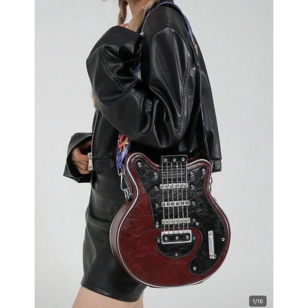 Novelty Guitar Shaped Crossbody Bag Burgundy Black Rocker Music‎ Festival Purse