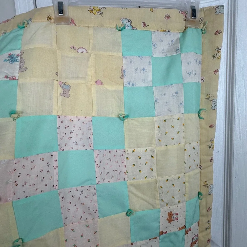 Vintage Handmade Patchwork Baby Quilt Pastel Bunny Teddy Bear Tied Blanket 38x63