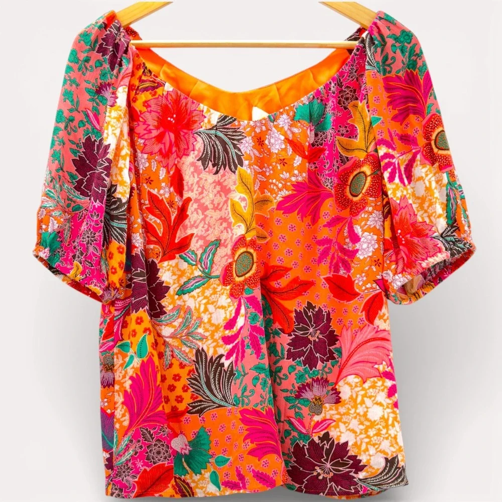 LOFT‎ XS NWT Floral Patchwork Blouse Puff Sleeve Orange Lined Boho Top Tropical