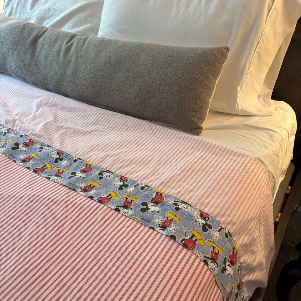 Vtg Disney‎ Mickey Bedding Flat Sheet Full Red White Ticking Stripe Cottage USA