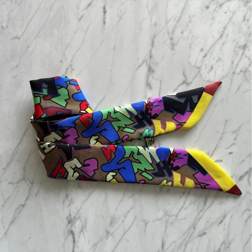 Silk Twilly Scarf, Graffiti Pattern, Multicolor