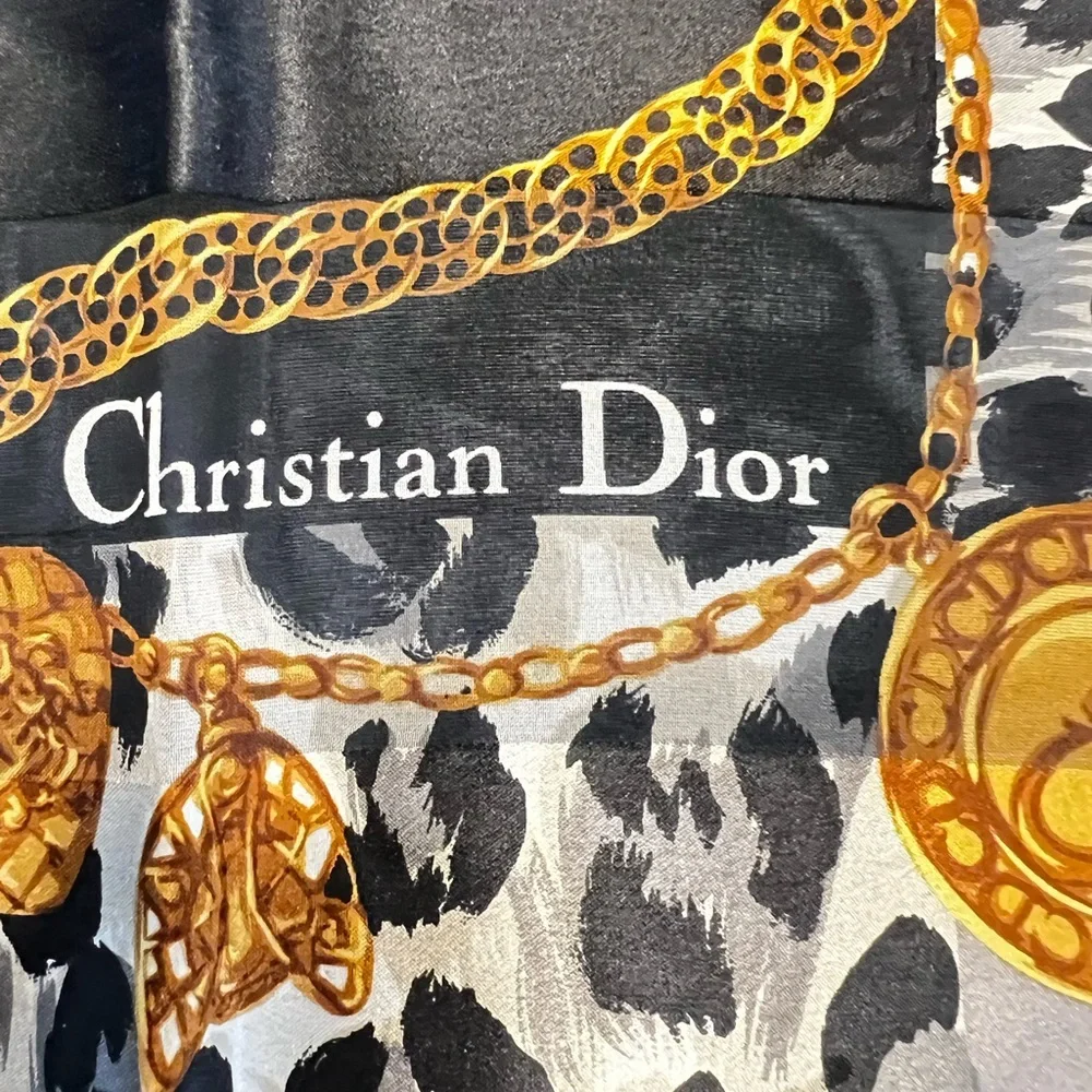 Dior Vintage Black and Gold Animal Print Scarf