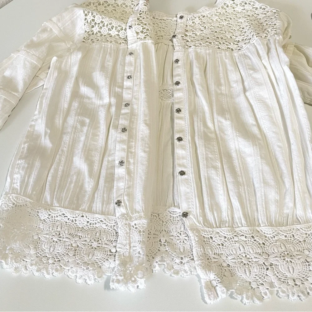 Maje Crochet Lace Yoke Button Back Cotton Top Ivory Small