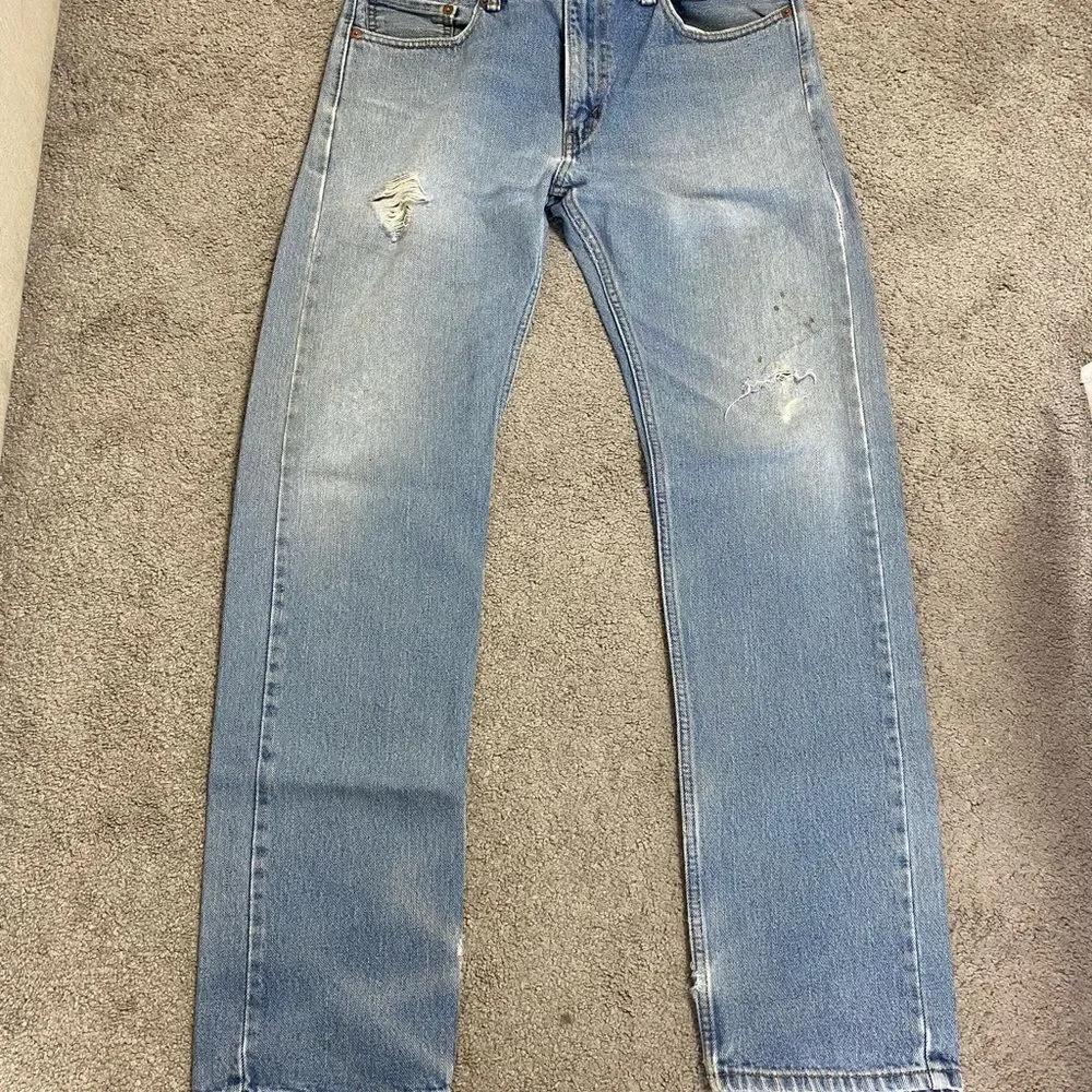 Levi's 505 Light Blue Straight Leg Jeans with Distressed Details