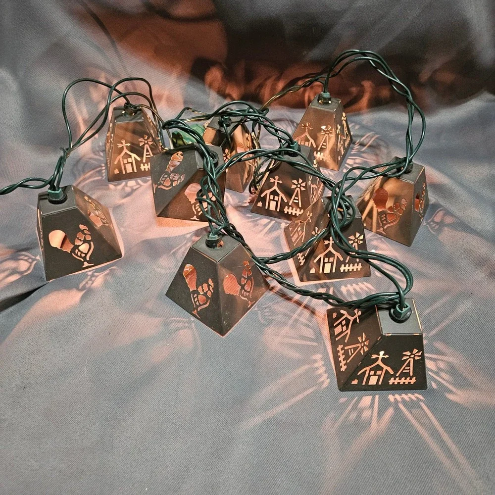 Vintage Rustic Metal Farmhouse Lantern String Lights Rooster Barn Windmill 10ct
