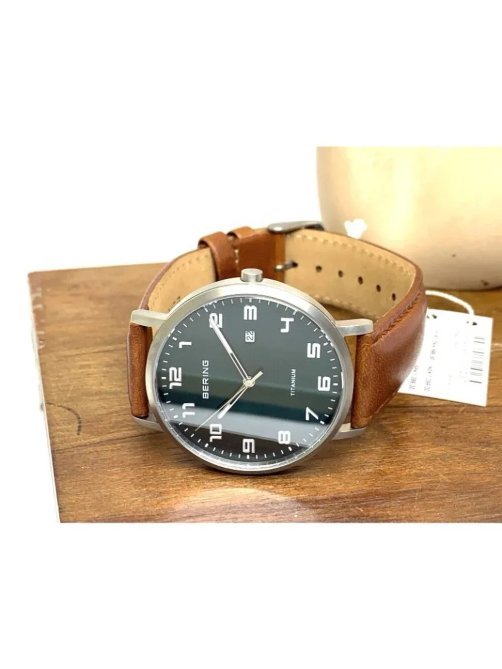 Bering Men's Watch 18640-568 Quartz Green Dial Titanium Case Brown Leather 40mm