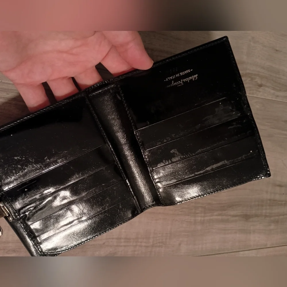 Salvatore Ferragamo Gancini Black Patent Compact Wallet - Silver Hardware