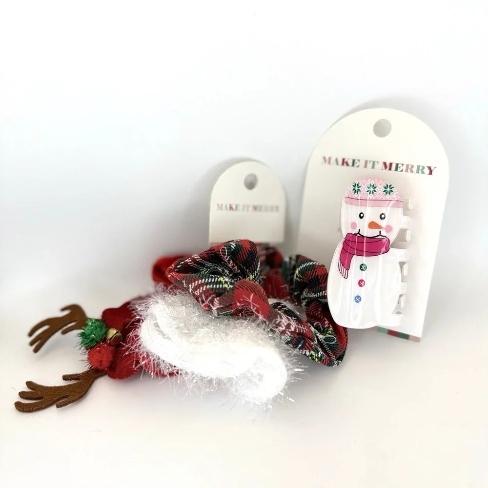 Make It Merry Christmas Hair‎ Scrunchies & Snowman Claw Clip Holiday Set NWT