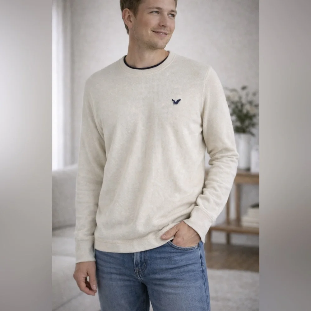 American Eagle Mens Long Sleeve Thermal Knit Crew Neck Shirt LG Beige‎ Y2K