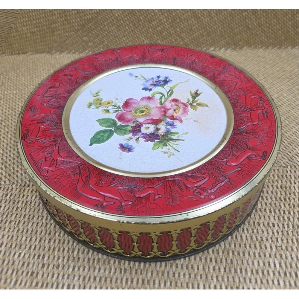 VTG Western Germany Decorative Tin Box Red & Gold Floral Embossed Container 8.5