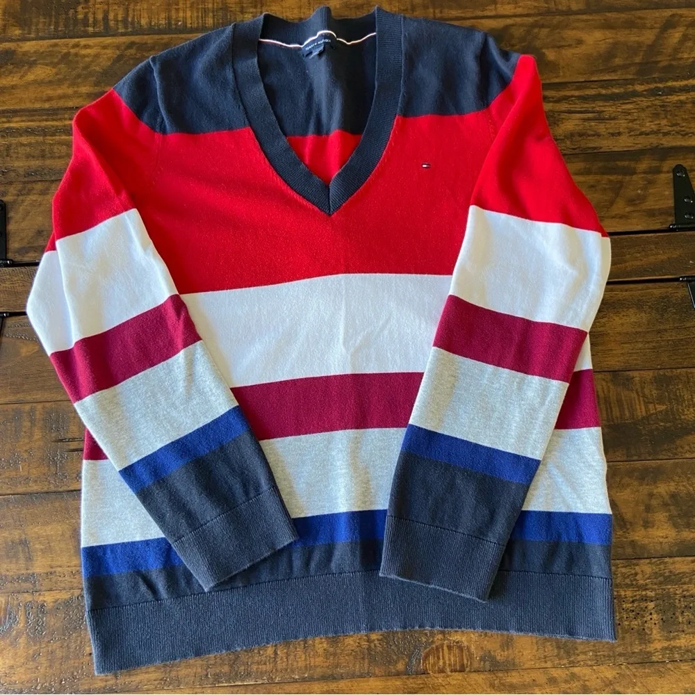 Tommy Hilfiger Womens Multicolor 100% Cotton V Neck‎ Pullover Sweater Size L