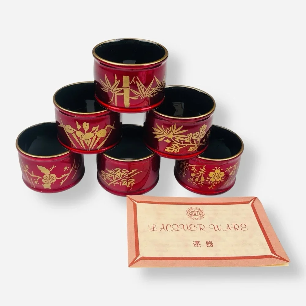 Vintage Japanese Lacquer‎ Ware Napkin Rings Set 6 Red Gold Amita Tokyo Japan