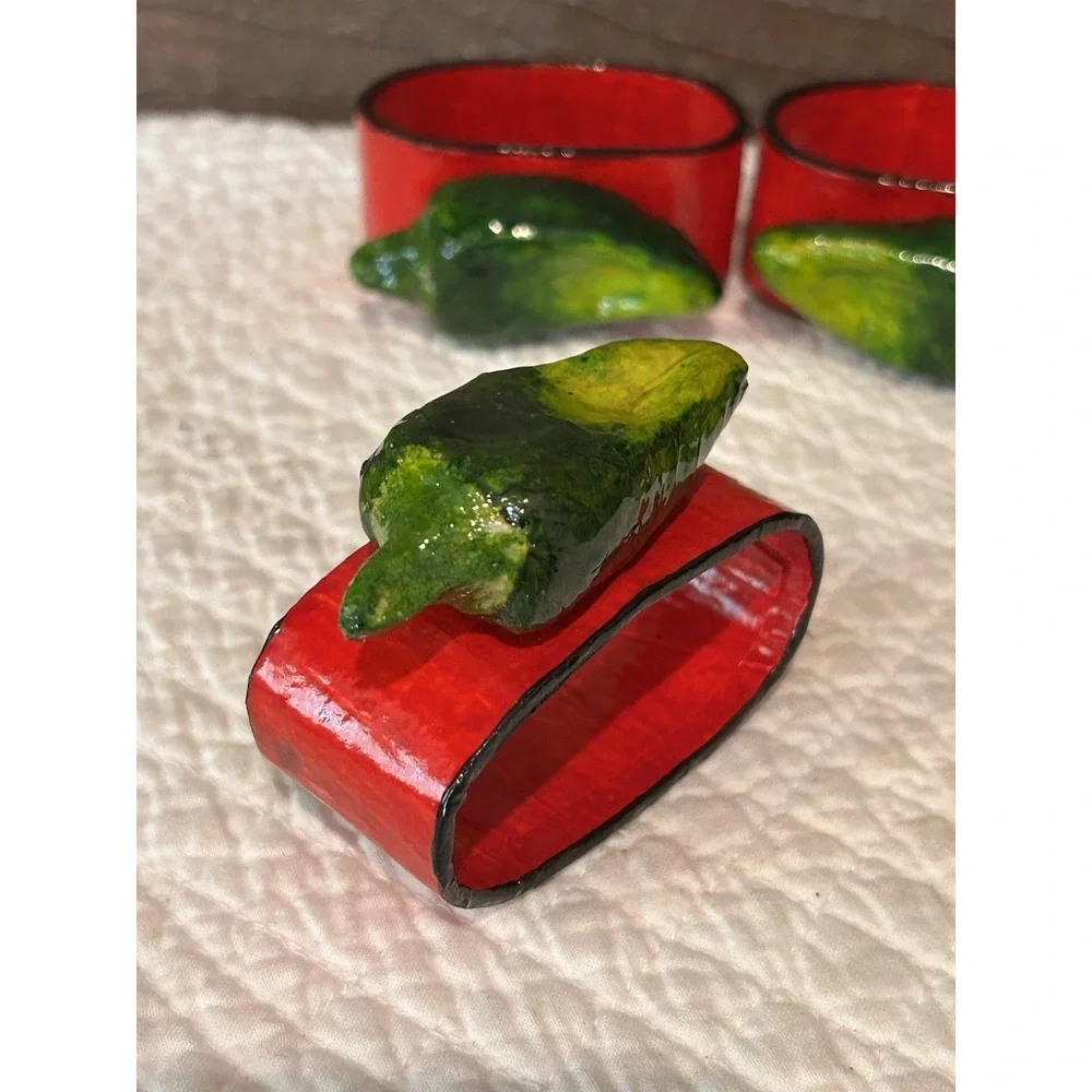 Set 4 Paper Mache Napkin Rings Peppers Chilies Fiesta Mexico‎ Theme