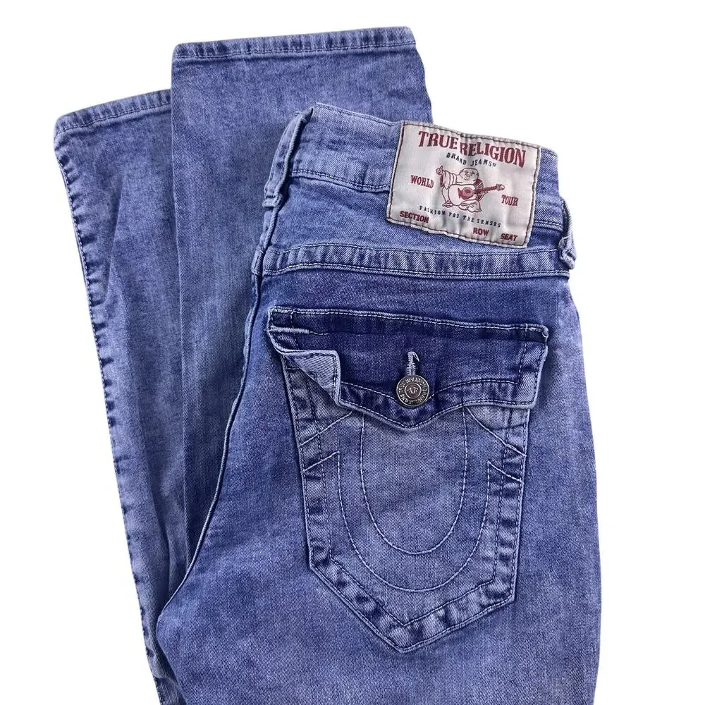 True Religion Jeans Mens 32x34 Blue‎ Geno Relaxed Slim Flap Pocket Distressed