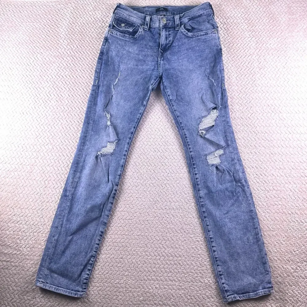 True Religion Jeans Mens 32x34 Blue‎ Geno Relaxed Slim Flap Pocket Distressed