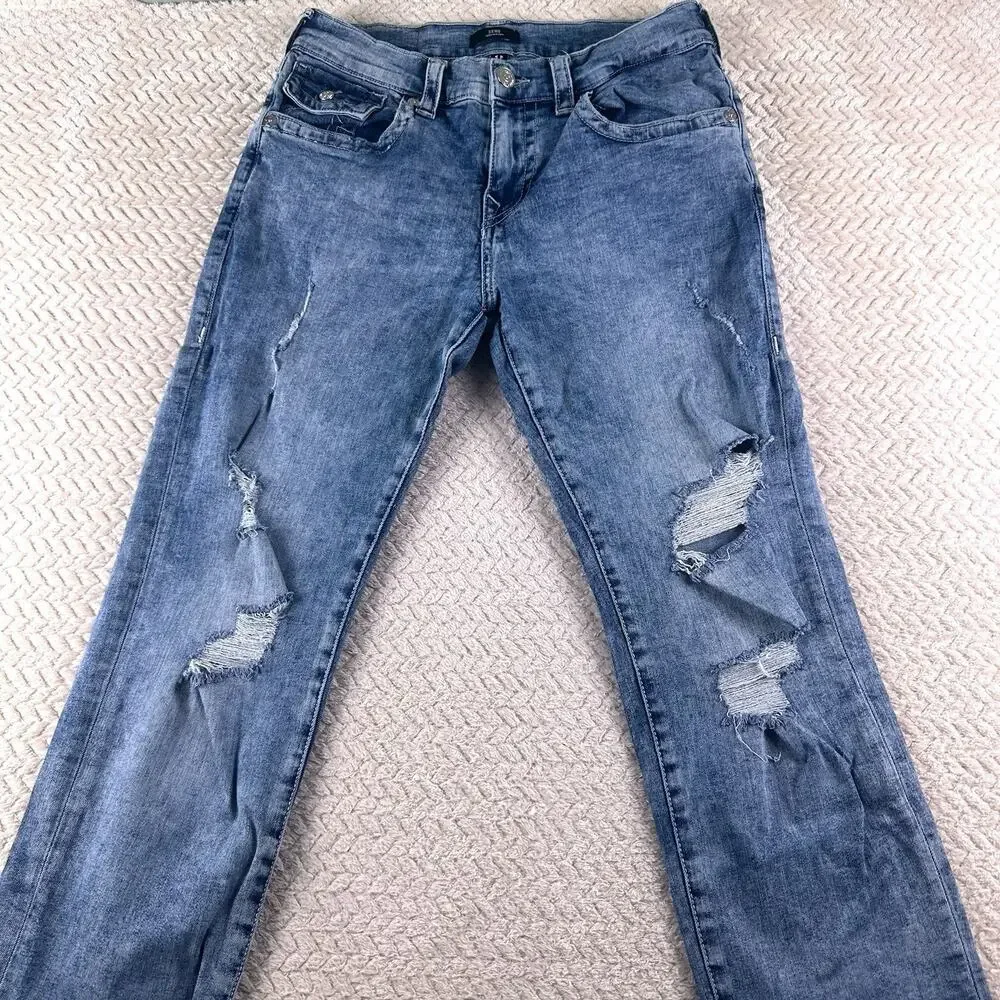 True Religion Jeans Mens 32x34 Blue‎ Geno Relaxed Slim Flap Pocket Distressed