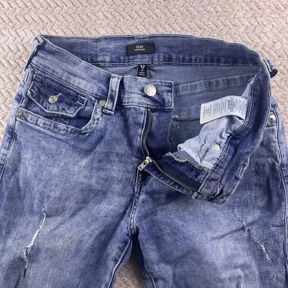 True Religion Jeans Mens 32x34 Blue‎ Geno Relaxed Slim Flap Pocket Distressed