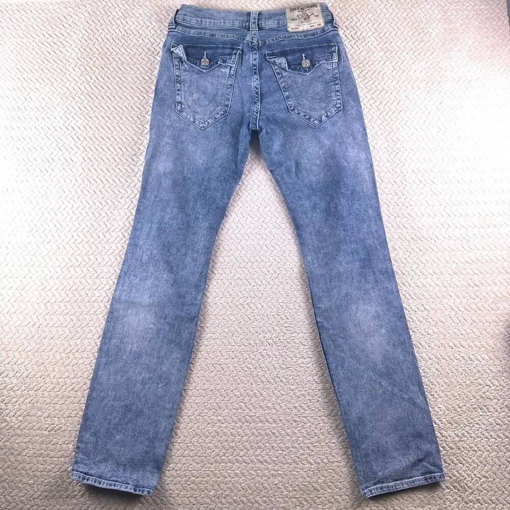 True Religion Jeans Mens 32x34 Blue‎ Geno Relaxed Slim Flap Pocket Distressed