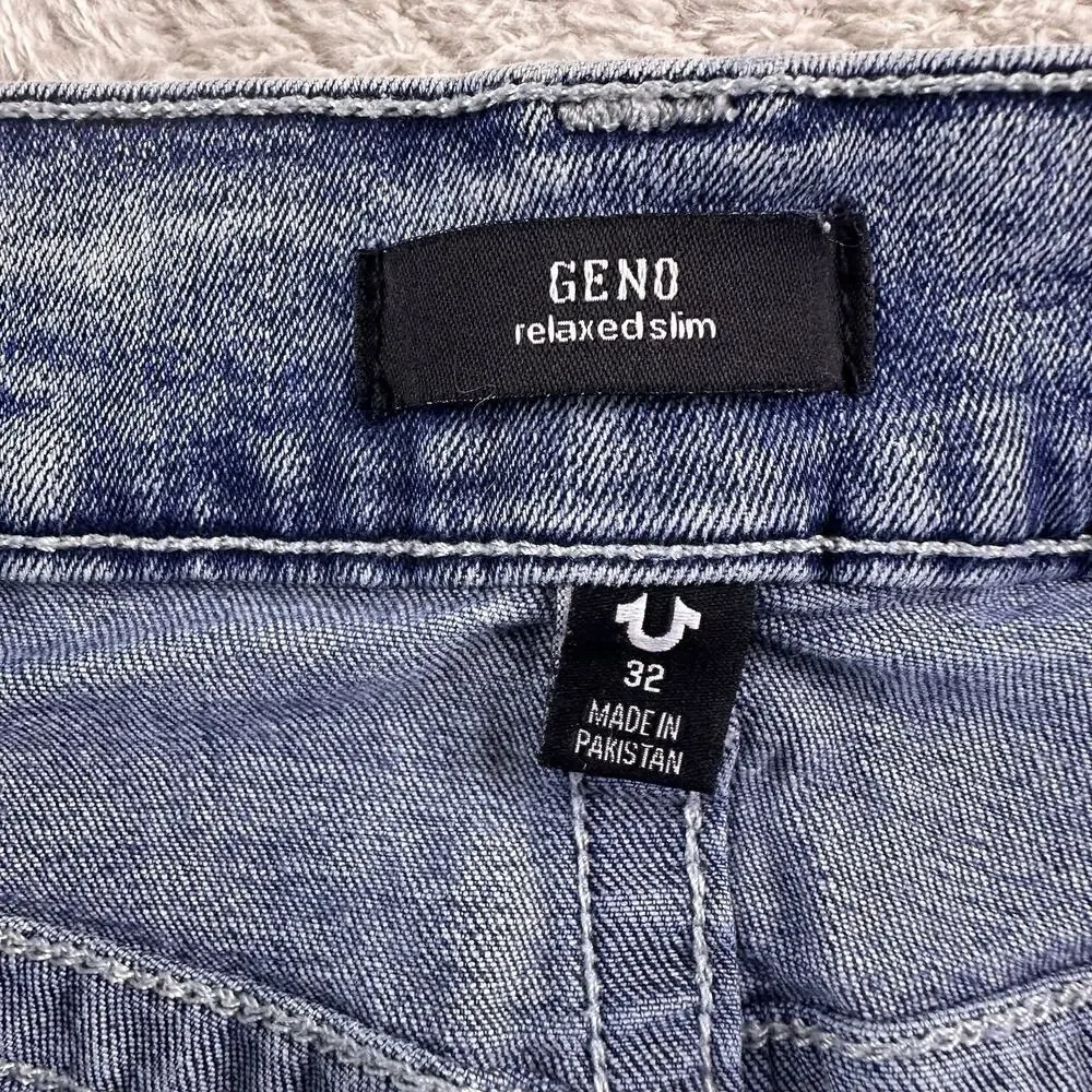 True Religion Jeans Mens 32x34 Blue‎ Geno Relaxed Slim Flap Pocket Distressed