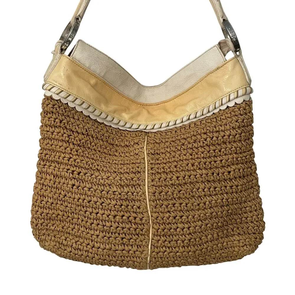 Brighton Vintage Straw Bag Womens Yellow & Ivory Leather Trim Hobo Shoulder