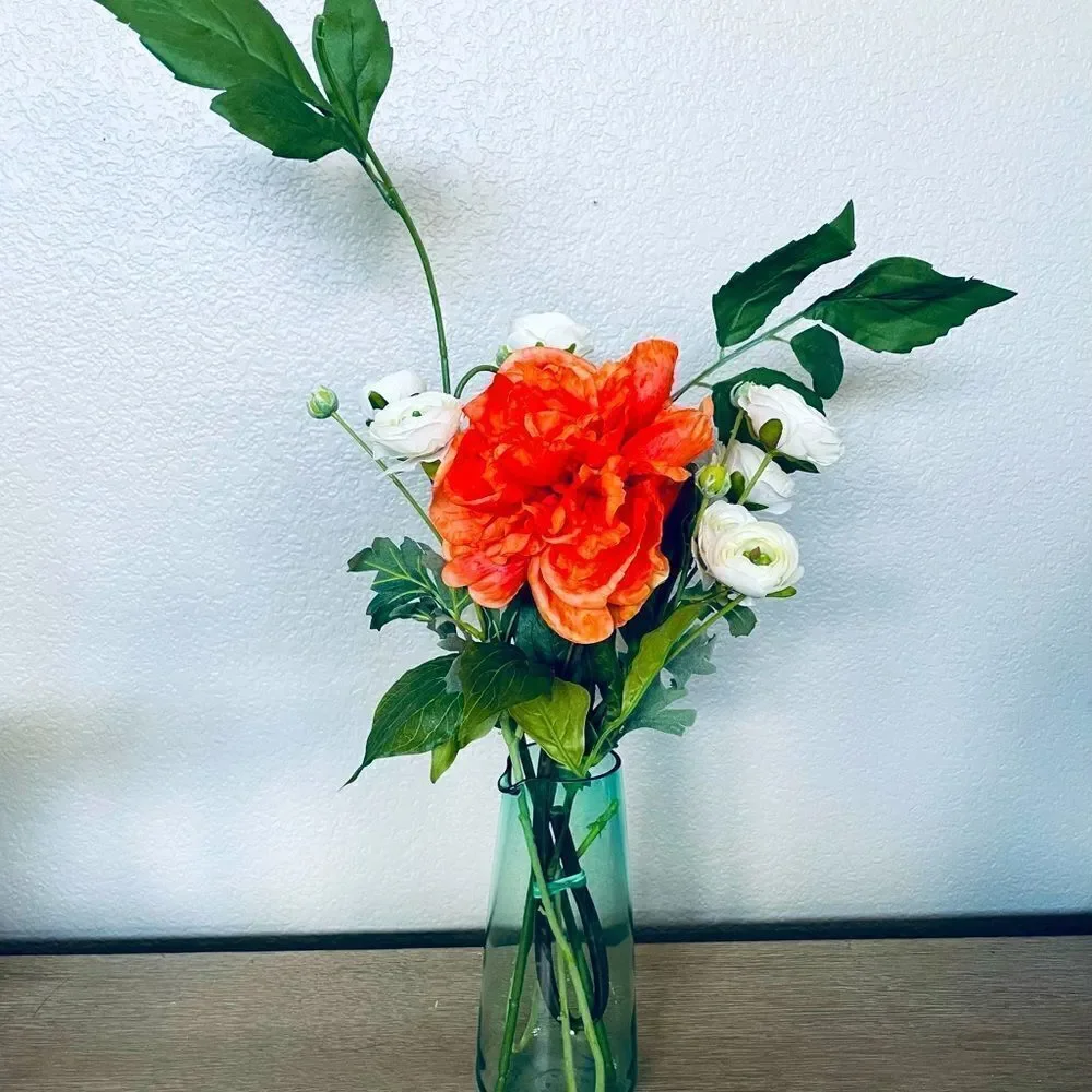 Spring Summer Floral Orange Peony Green Vase Arrangement