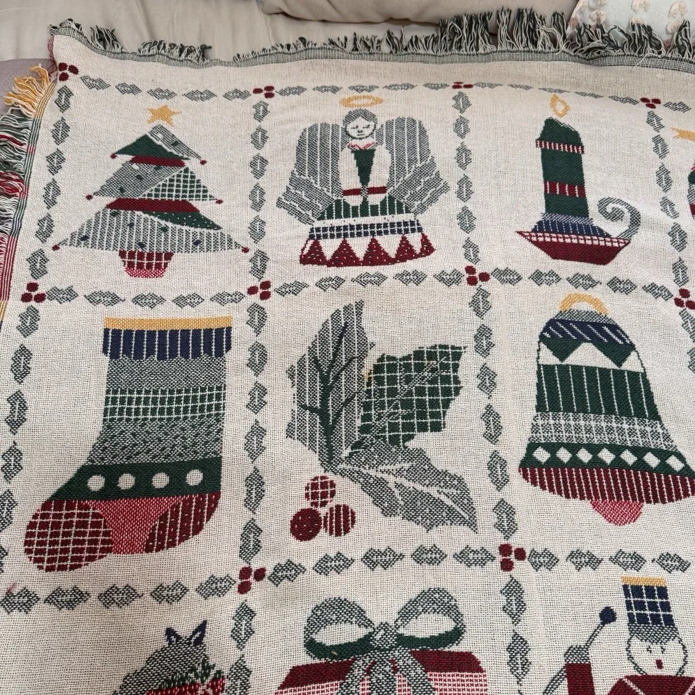 Vintage Tapestry Woven Throw Holly Stockings Snowman Blanket Holiday‎ Christmas
