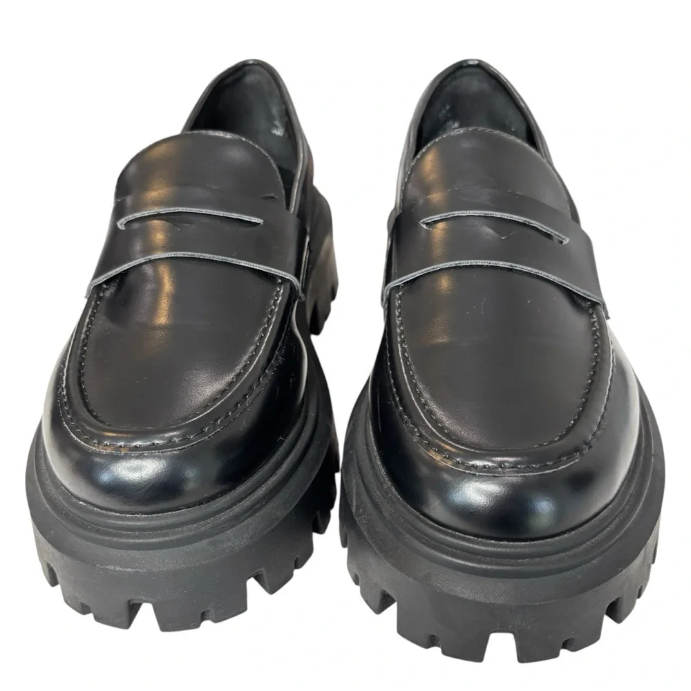 H&M Womens Chunky Platform Penny Loafers Black Patent Leather Shoe Size 39 / 8