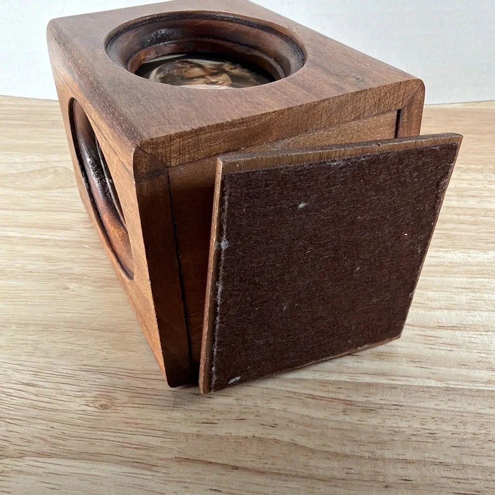 RETRO WOOD PHOTO PICTURE FRAME ROTATING DESK CADDY PENCIL HOLDER 2x3 OVAL 4 Pics