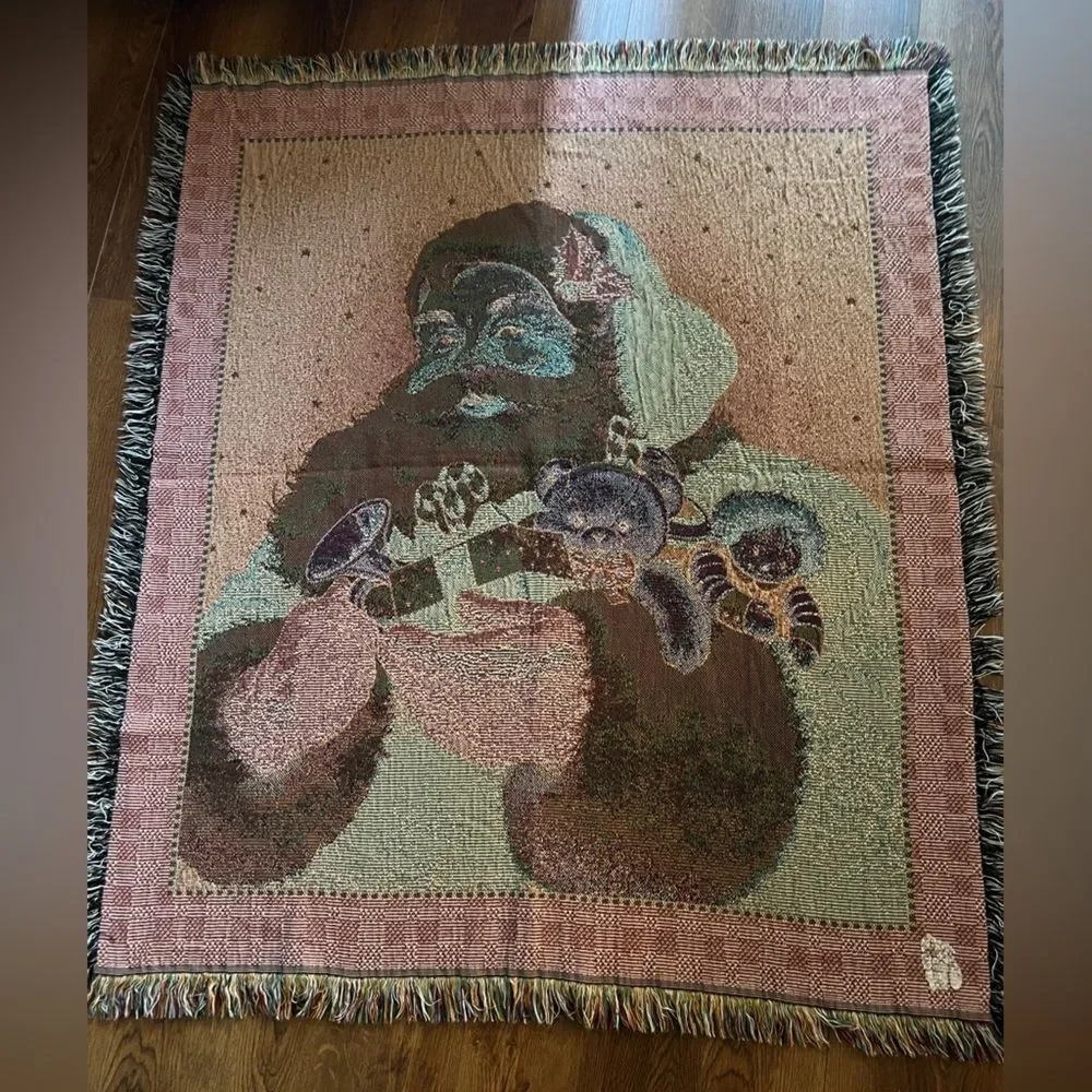 Vintage Christmas Santa Tapestry Throw Blanket raggedy Ann doll teddy bear