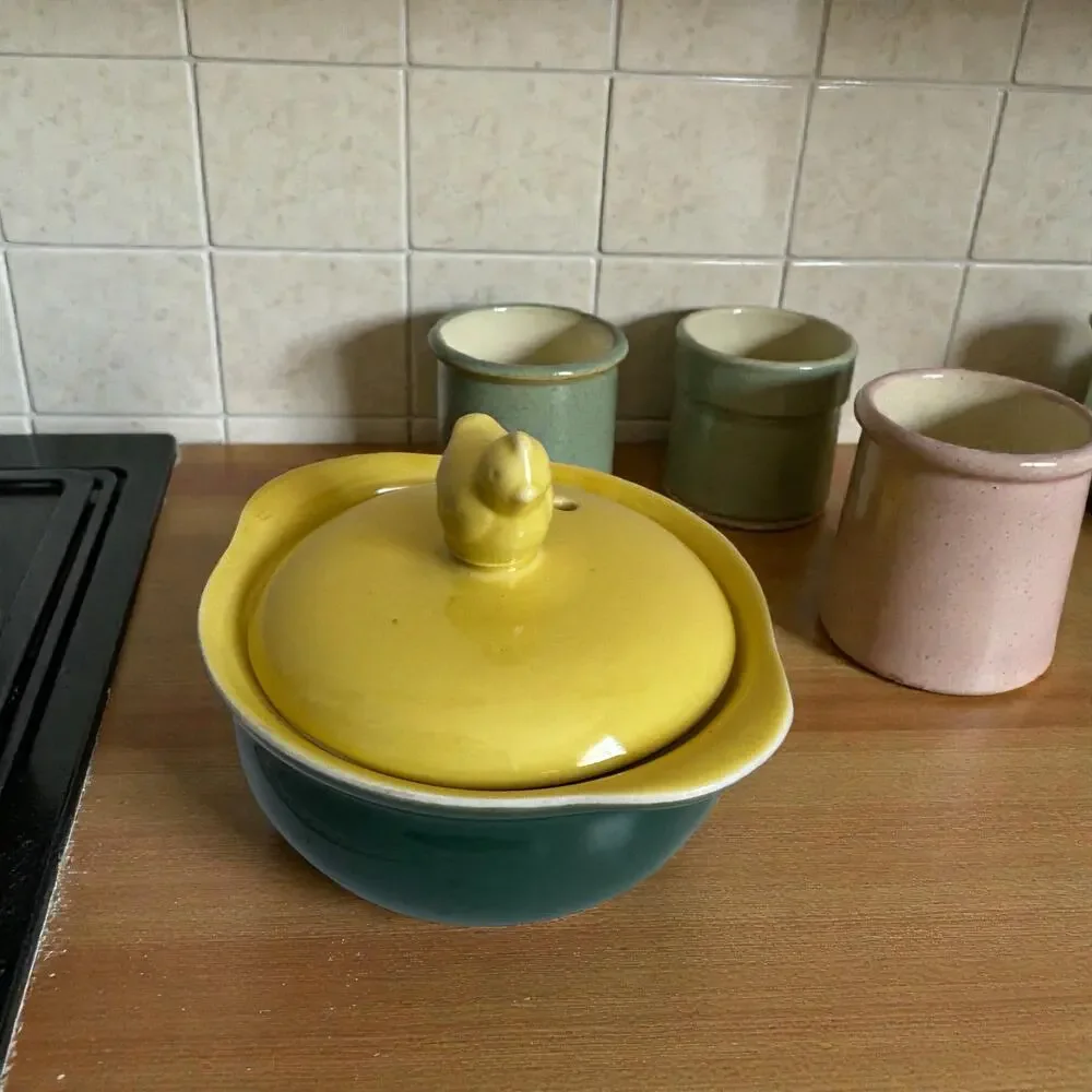 Vintage Hall China Green Yellow Covered Individual Casserole Chick Finial Lid