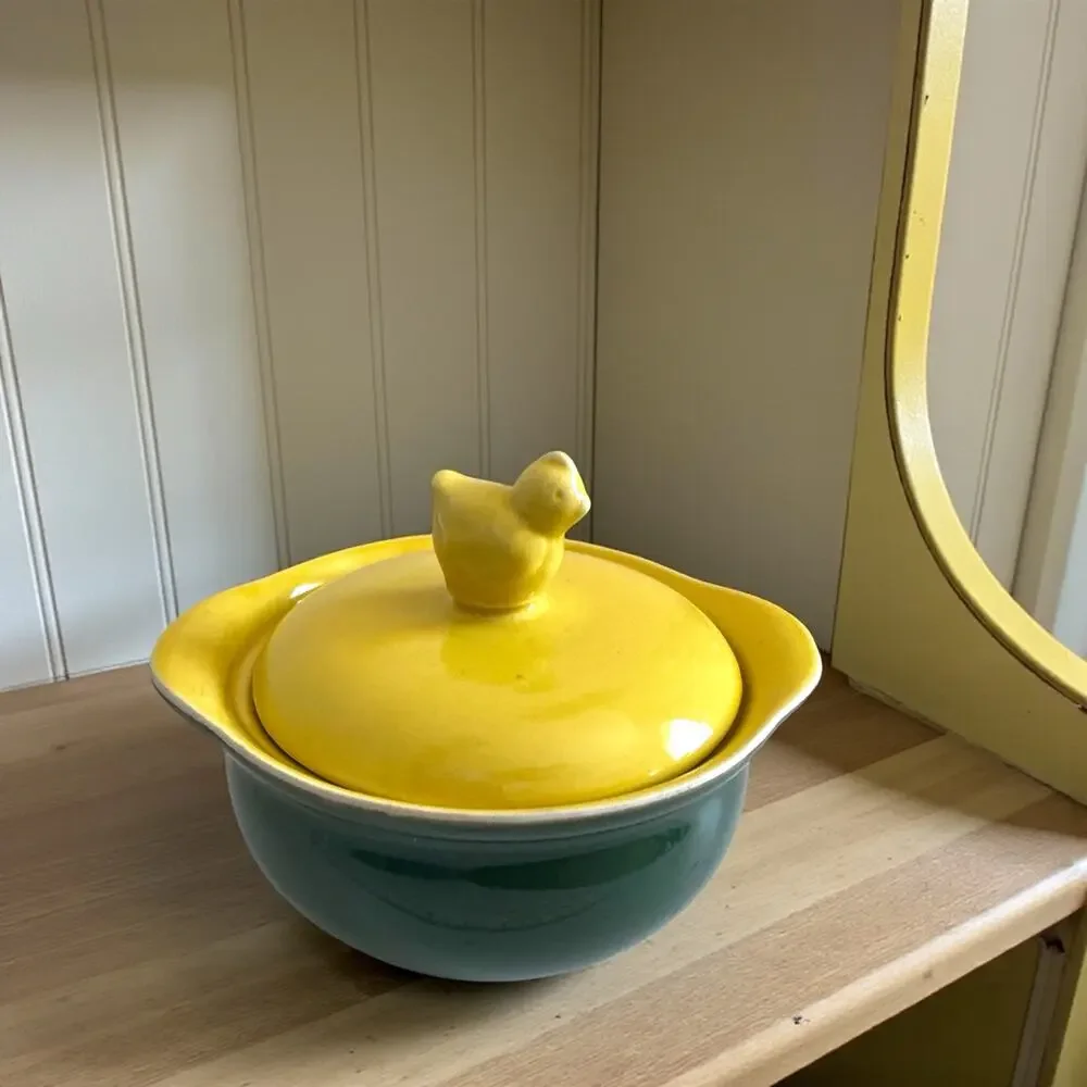 Vintage Hall China Green Yellow Covered Individual Casserole Chick Finial Lid