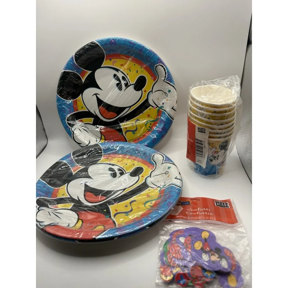 Vtg Party Express Hallmark Mickey Mouse Confetti Birthday Plates, Cups& Confetti