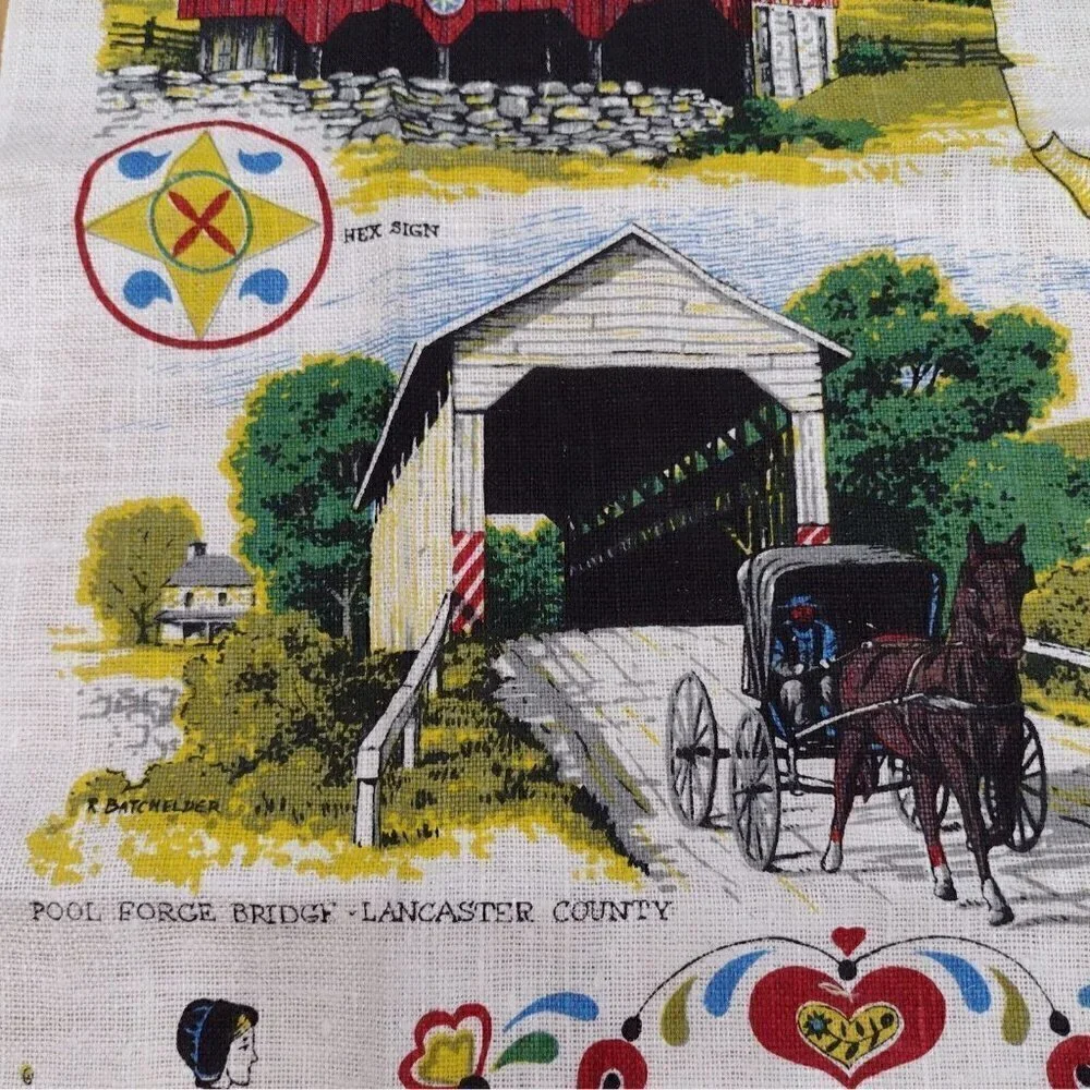 Vintage KayDee Hand Prints Pure Linen Tea Towel Dutch Country Amish Pennsylvania