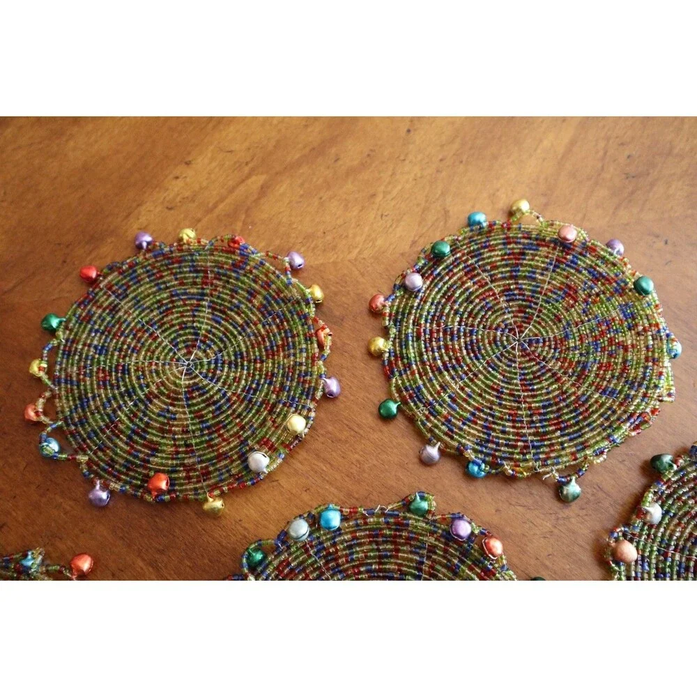 Lot 5x Pier 1 Imports Pier One Festive Beaded 4” Jingle Coasters Bells Christmas
