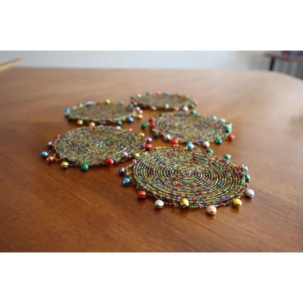 Lot 5x Pier 1 Imports Pier One Festive Beaded 4” Jingle Coasters Bells Christmas