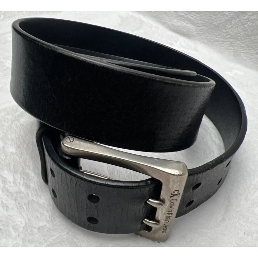 Calvin Klein Jeans Belt Mens 38.5 Black Leather Double Prong Silver Toned Preppy
