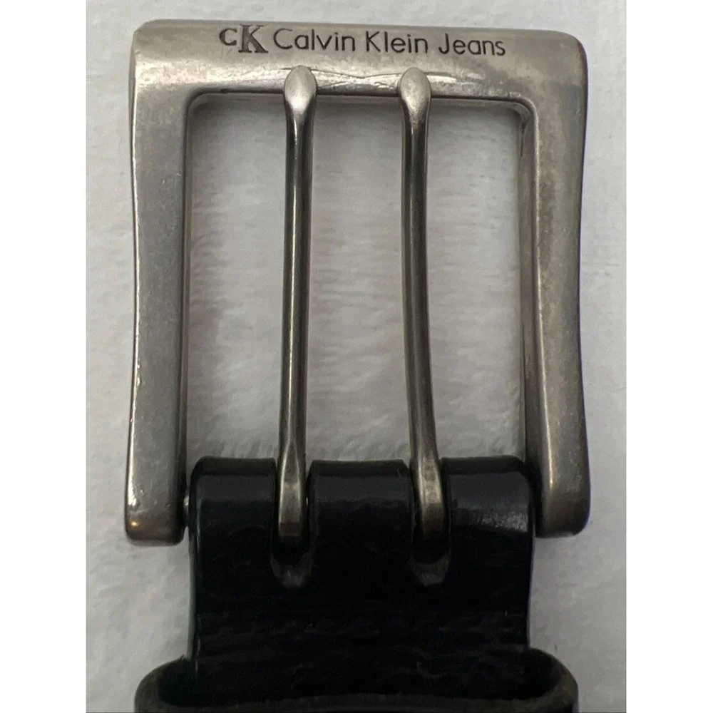 Calvin Klein Jeans Belt Mens 38.5 Black Leather Double Prong Silver Toned Preppy
