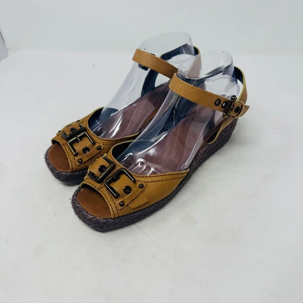 Apepazza Tan Leather Wedge Elba Espadrille Sandals Buckle Ankle Strap Size 8.5