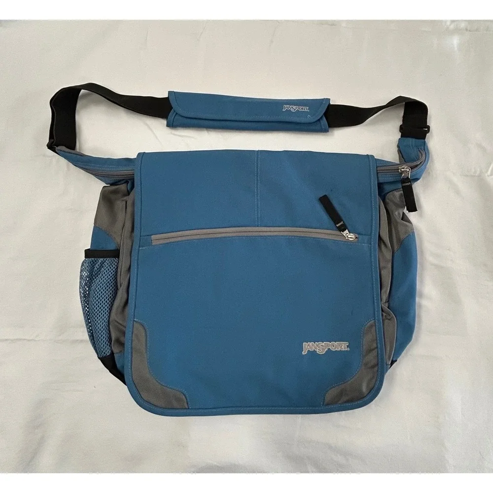JanSport Messenger Laptop Bag Blue Gray Crossbody Travel School Organizer