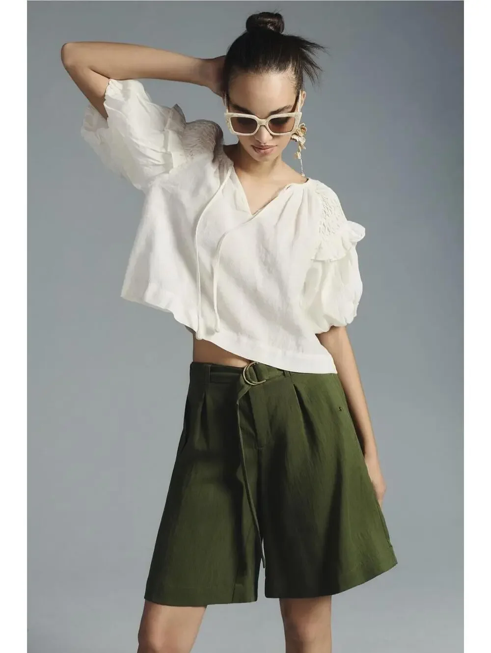 Anthropologie Self Contrast Smocked Linen Blouse-White-XL