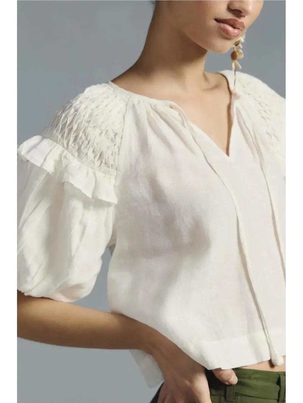 Anthropologie Self Contrast Smocked Linen Blouse-White-XL