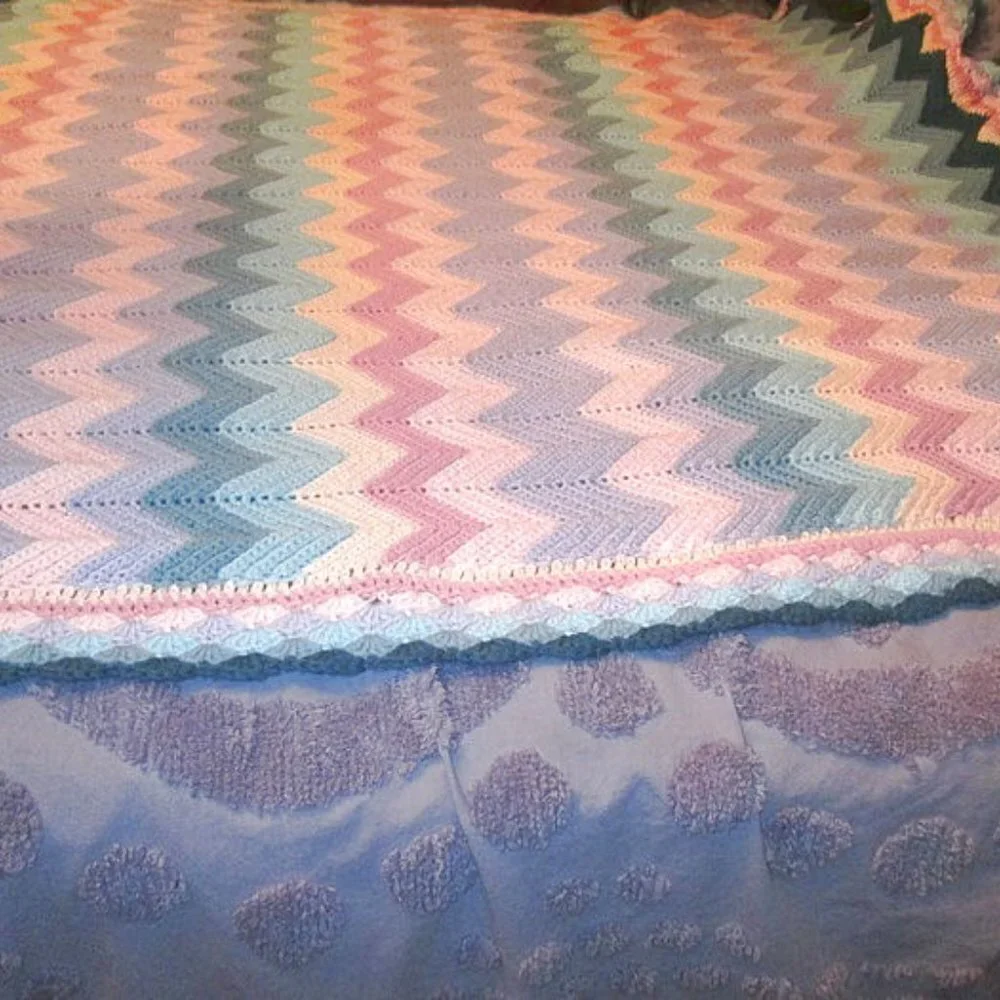 Vtg 90s Hand Crochet Afghan Throw Blanket Couch Throw Colorful Chevron Boho 59”