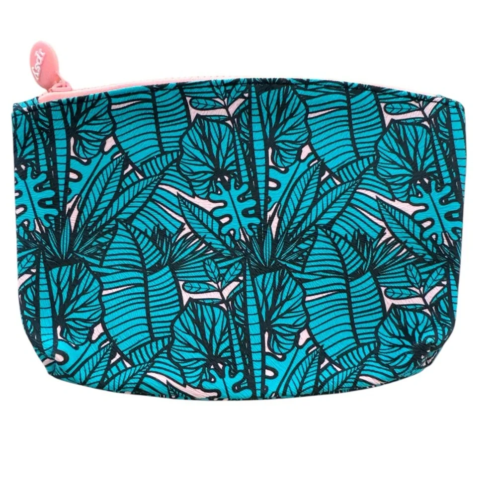 Ipsy Glam Bag Teal / Coral Vibrant Leaf Print Cosmetic Bag makeup pouch‎