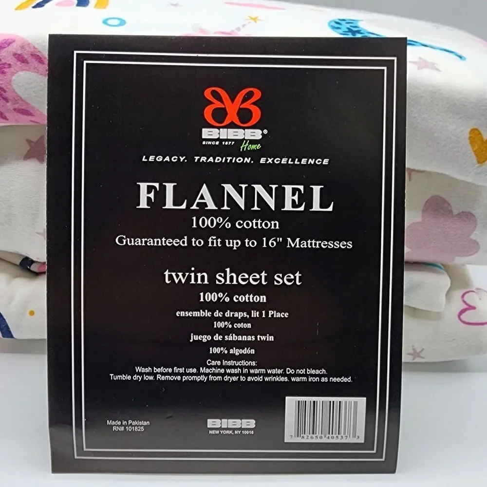 BIBB Home‎ Twin Size Cotton Flannel Sheet Set 3pc Multicolor Unicorns Pattern