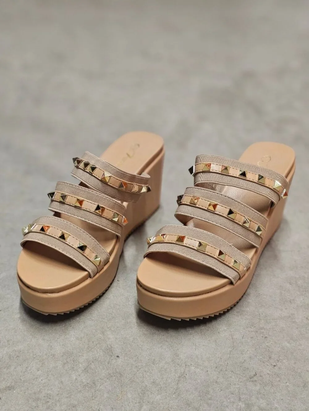 Studded Strap Nude Wedge Sandals For Women - Stylish Slip-On Platform Design Wit
