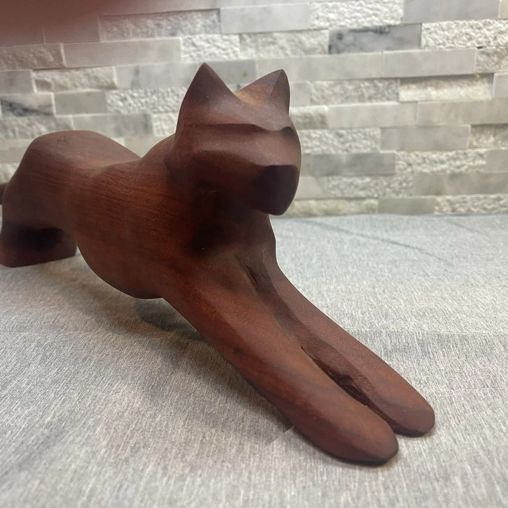 Vtg MCM Hand Carved Wood Cat Panther Stalking Figurine 16