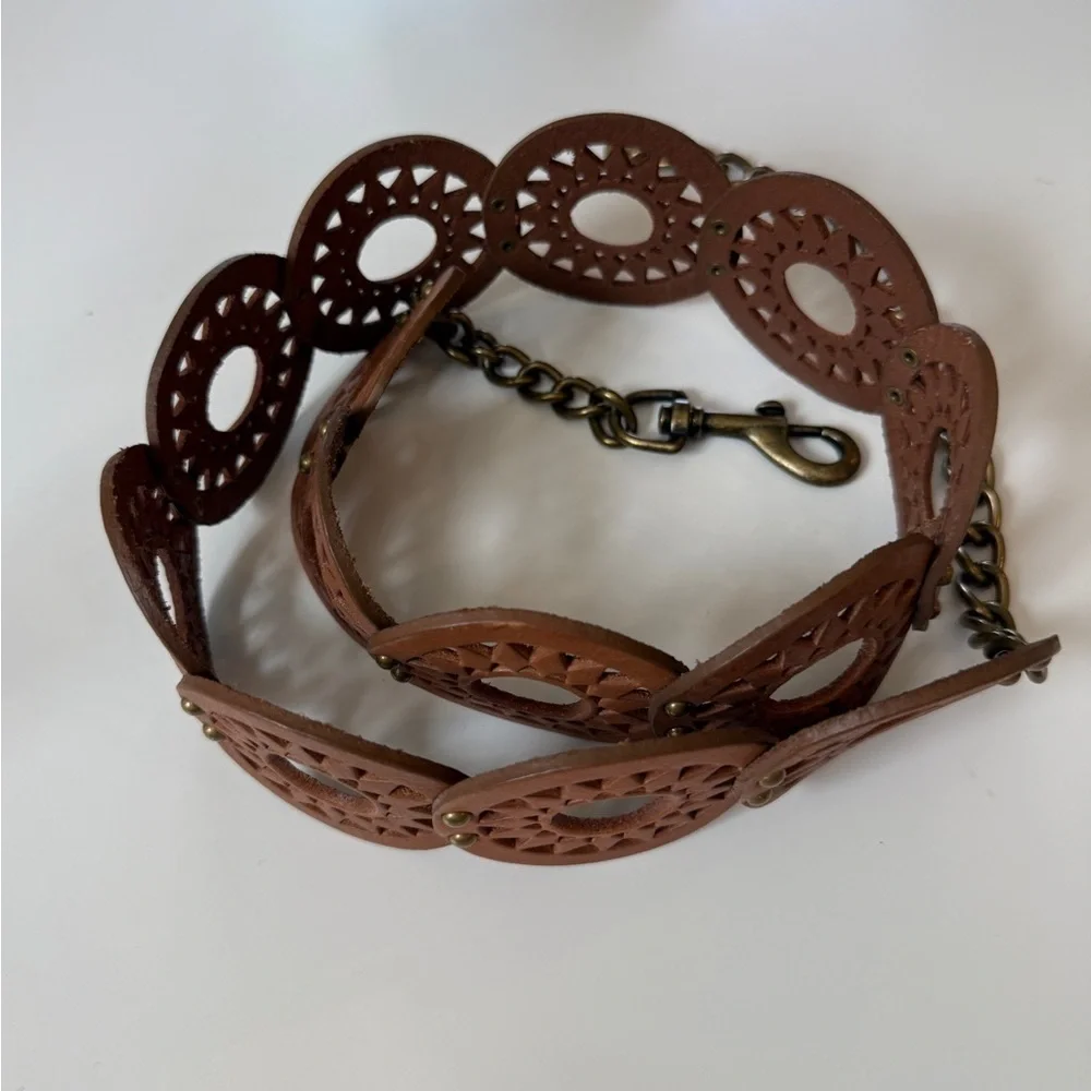Boho Western Wide Hip Belt Faux Leather Cutout Studded Belt Cognac Cowgirl