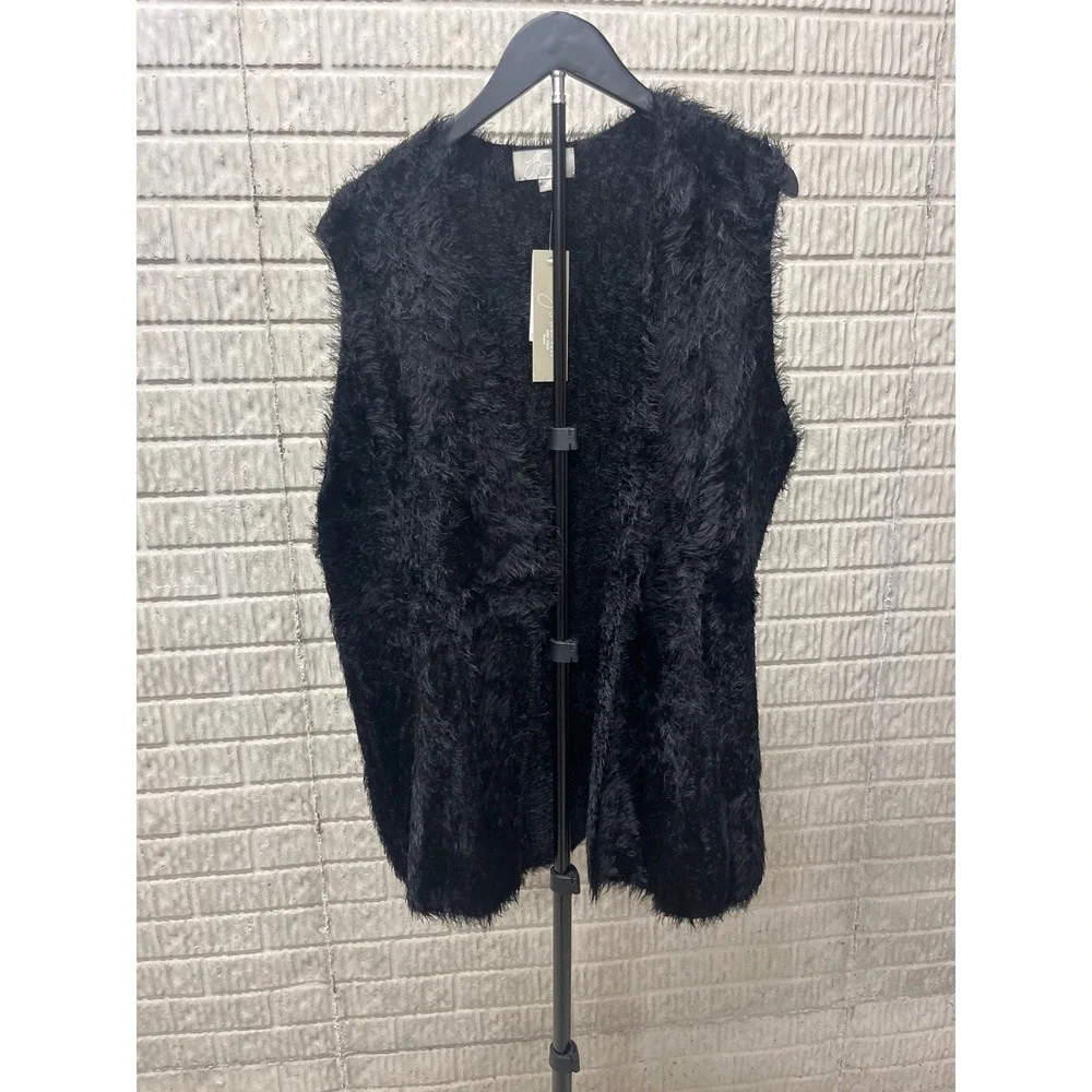 Joan Vass New York Womens 2X‎ Black Eyelash Knit Shaggy Open Front Vest NWT